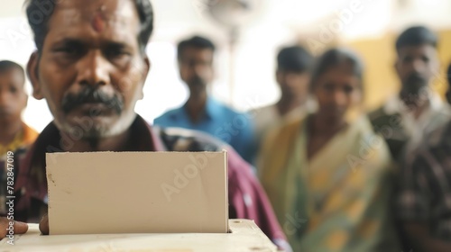 Voters to Participate in Electoral Motivate for Election, an Indian man in a red shirt, standing in voting booth and  surrounded by several other people. Fictional Character Created by Generative AI. photo