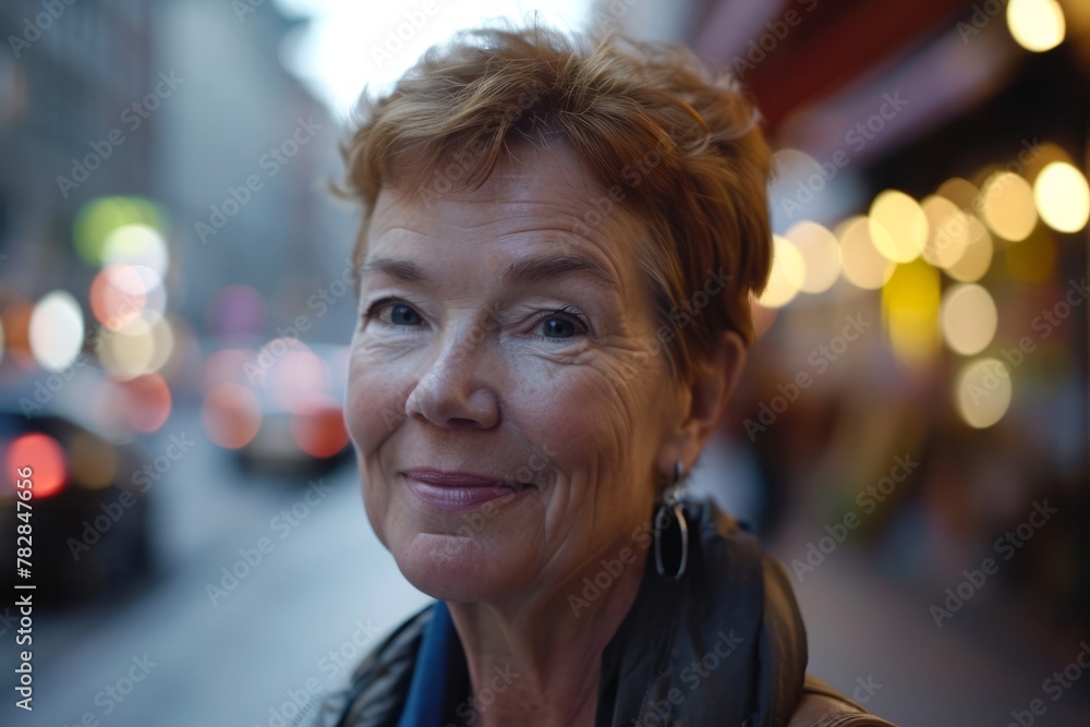 Portrait of a smiling senior woman in a city at night. Portrait of a smiling senior woman in a city at night.