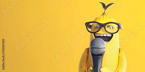 Cartoon Banana Character Hosting Business Podcast with Microphone and Glasses photo