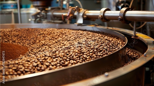 Freshly roasted aromatic coffee beans on modern machine  perfect for passionate coffee lovers