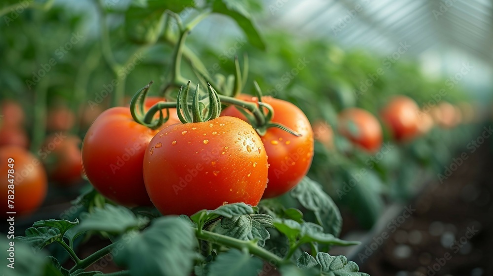 Tomato plants in neat rows within a greenhouse. AI generate illustration