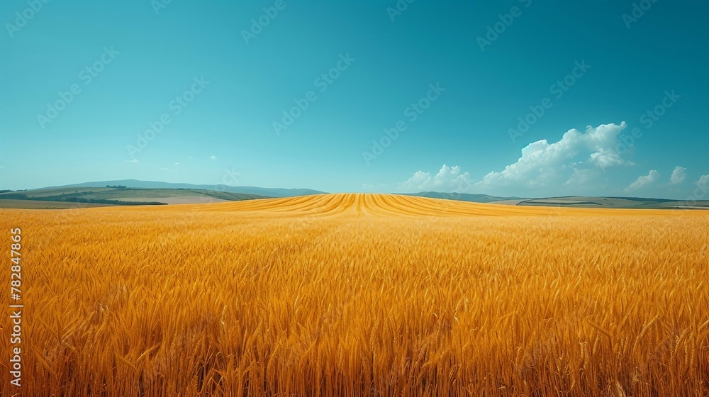 A golden wheat field against a clear sky. AI generate illustration