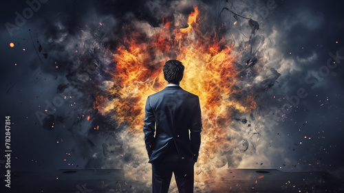 Businessman facing an explosive fireball. Challenge and crisis management concept. Design for inspirational content, business resilience presentations, and risk management.