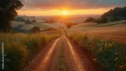 Rural landscape during sunrise, capturing the simplicity and beauty of agriculture. AI generate illustration photo
