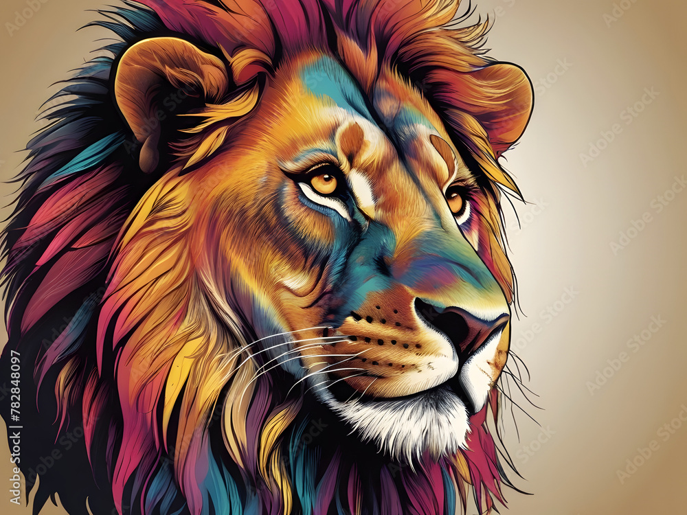 Fototapeta premium A Unique, Colorful Face Drawing for T-Shirt Design vector illustrations. Spectrum-spotted lion fierce beauty with white backround