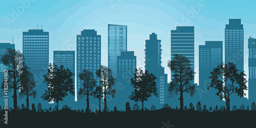 a city skyline with tall buildings and trees