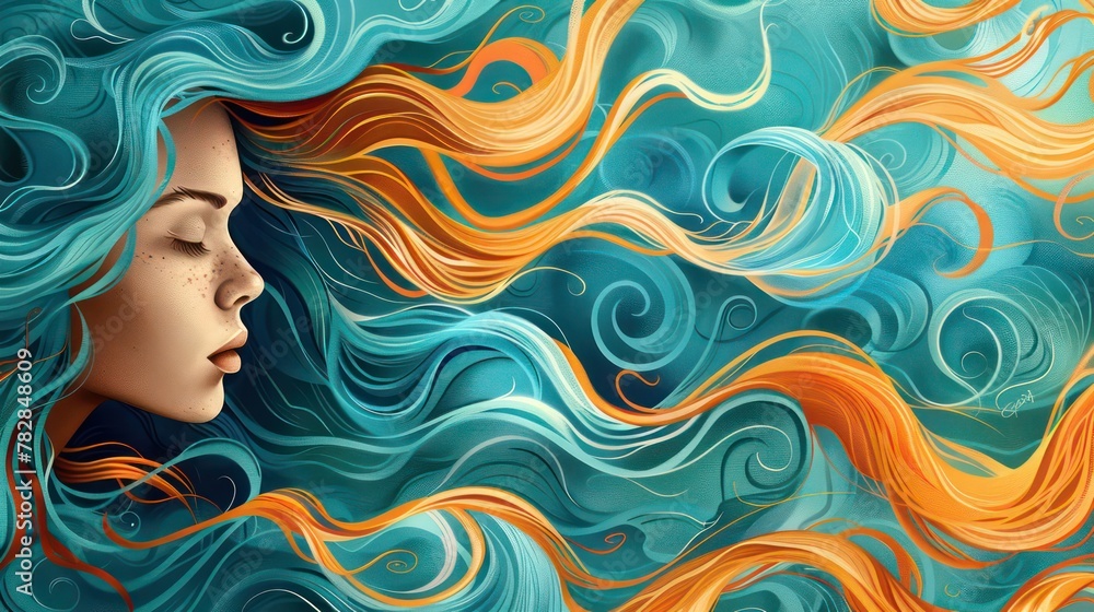 A painting of a beautiful woman with colorful wavy and loose hair with a serenity and elegance colorful concept.