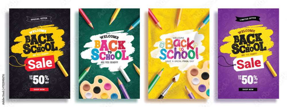 Back to school sale vector poster set. Welcome back to school greeting text promotion lay out collection with educational elements and learning items for flyers background. Vector illustration school 