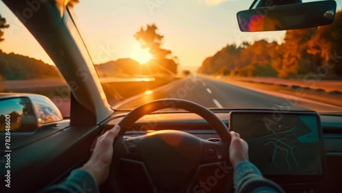 An electric car driver drives an EV at sunset with a blurred sky view inside the car with the car's steering wheel held in his hands