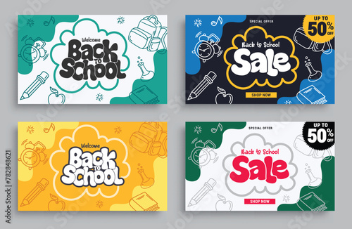 Back to school sale vector banner set. Welcome back to school greeting and sale text with pencil, bag, books and clock doodle elements for educational lay out background collection. Vector 