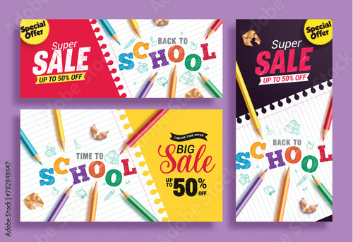 Back to school sale vector banner set. School greeting text and shopping promotion lay out collection for educational bundle brochure and flyers background. Vector illustration school sale promo 