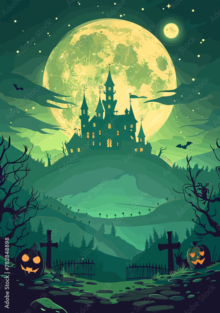 a halloween scene with a castle in the background