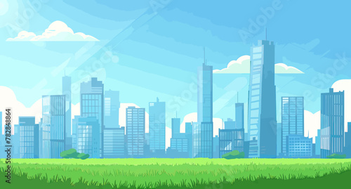 a city with tall buildings and green grass