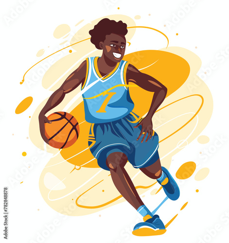 a basketball player dribbling a basketball on a white background