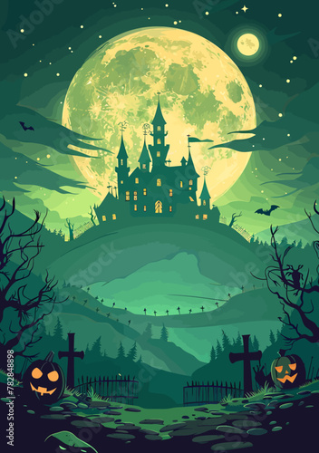 a halloween scene with a castle in the background