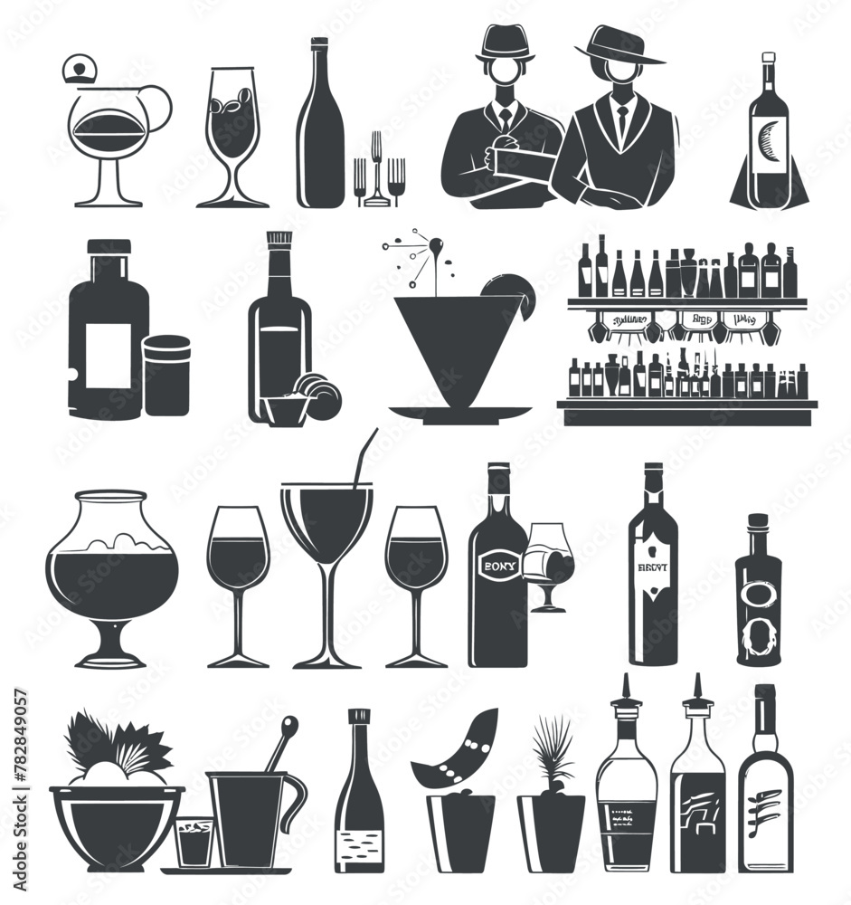 a set of silhouettes of alcohol bottles and glasses a set of silhouettes of alcohol bottles and glasses