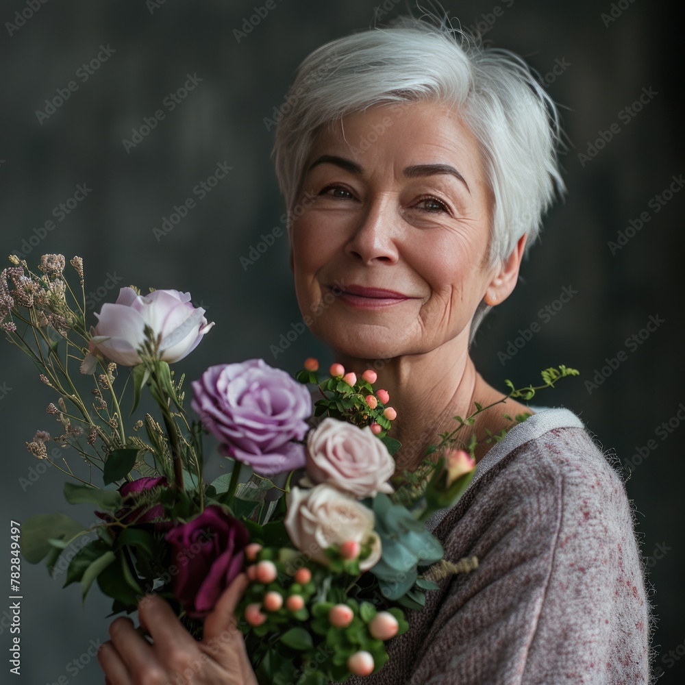 A beautiful old woman holding a beautiful bouquet of roses. Fictional Character Created by Generative AI. A beautiful old woman holding a beautiful bouquet of roses. Fictional Character Created by Generative AI.