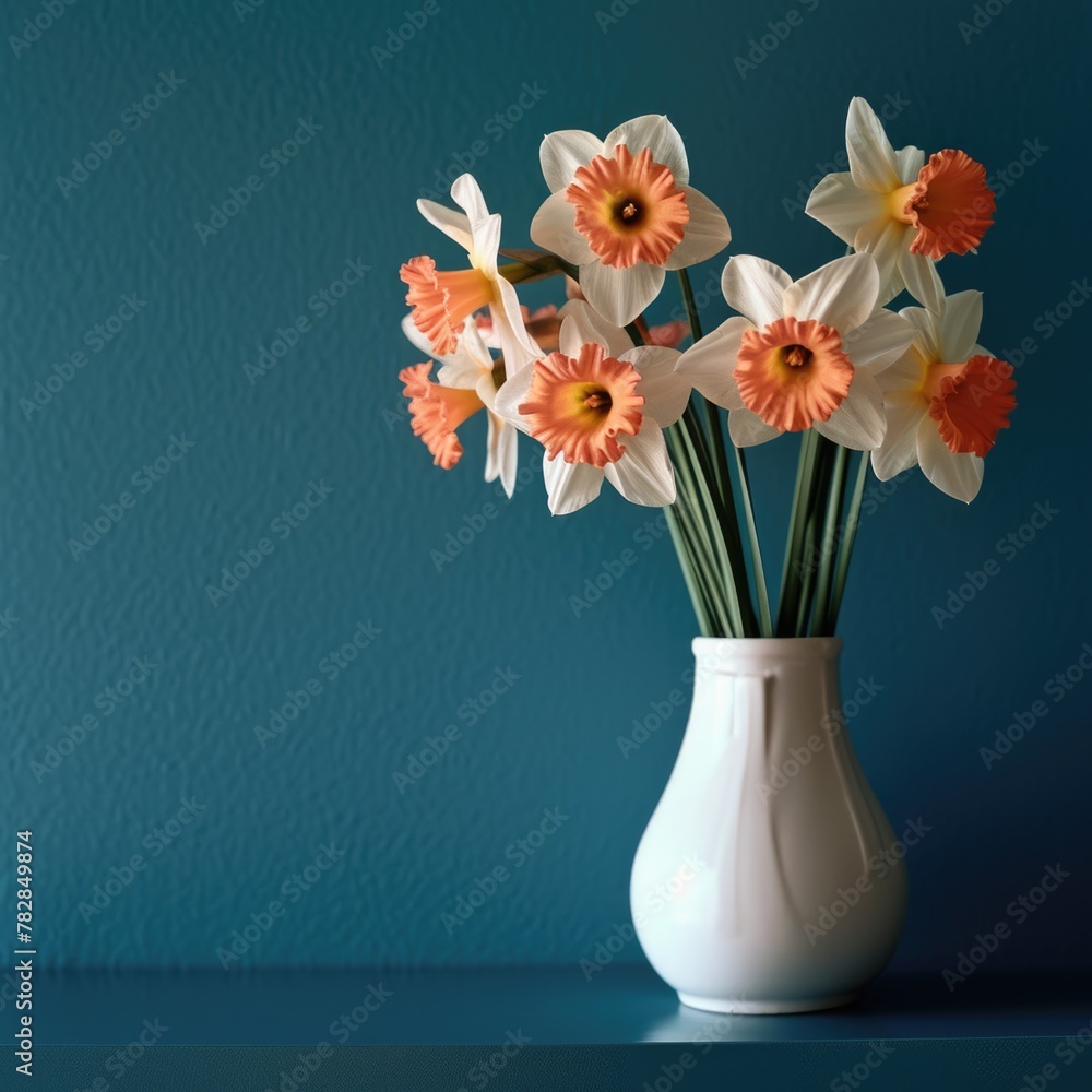 Beauty of nature - Fresh white and orange daffodil flowers in a white ceramic vase on teal background. Beauty of nature - Fresh white and orange daffodil flowers in a white ceramic vase on teal background.