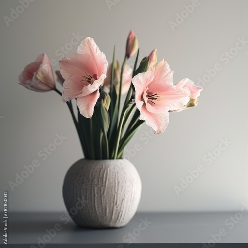 A beautiful arrangement of peach lily flowers in ceramic vase, closeup image.