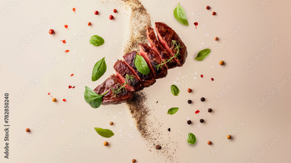 Sliced medium-rare steak with aromatic herbs and spices on a neutral background