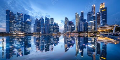 Modern skyscrapers of a smart city, futuristic financial district, graphic perspective of buildings and reflections © ryanbagoez
