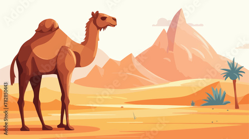Cute one hump camel walking in desert. Wild dromeda photo