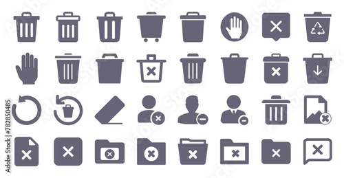 Delete glyph flat icons. Vector solid pictogram set included icon as trash can, waste bin, garbage container, erase button, mistake, error silhouette illustration for dispose.