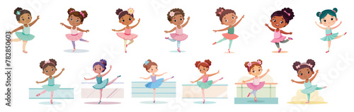 Diverse young ballerinas practicing ballet positions, vector cartoon illustration.