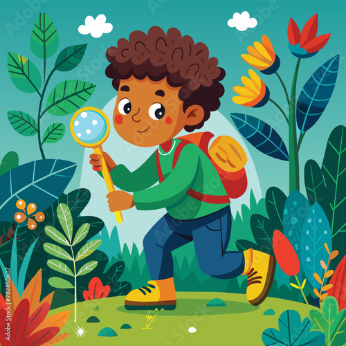 Curious boy exploring nature with a magnifying glass, vector cartoon illustration.