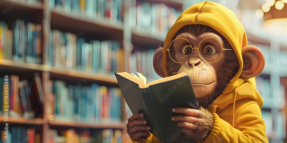 Curious Monkey Studying in a Futuristic Library Embracing Knowledge and Imagination