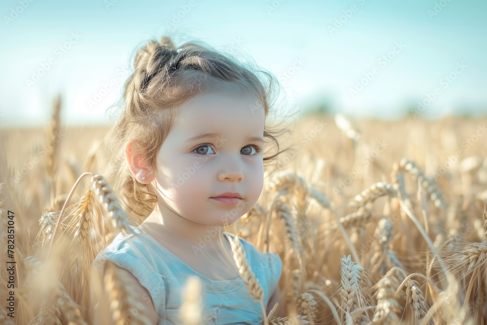 A Little Girl with Blonde Hair is standing in a Field of Wheat. Fictional Character Created by Generative AI. A Little Girl with Blonde Hair is standing in a Field of Wheat. Fictional Character Created by Generative AI.