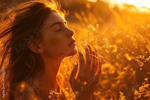 A beautiful young woman with glowing skin is surrounded by golden grass and  enjoying the warmth of the sunshine. Fictional Character Created by Generative AI.