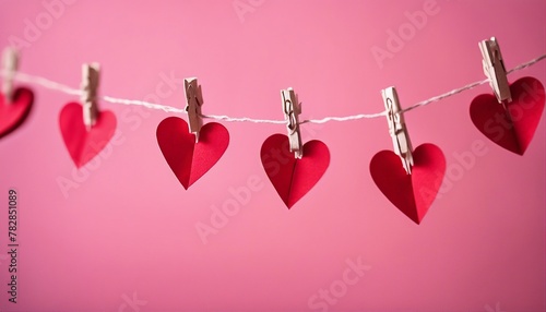A row of red paper hearts hang on twine against pink, symbolizing festive homemade Valentine's Day decor.