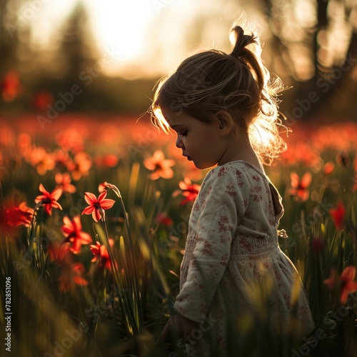  A Portrait of Little Girl Exploring a Field of Red Flowers.  Fictional Character Created by Generative AI.