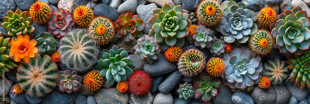 cactus and succulent garden on a bed of grey stones. top view, with empty copy space cactus and succulent garden on a bed of grey stones. top view, with empty copy space
