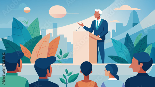 A sketch of a company CEO speaking at a sustainability conference discussing their companys efforts to prioritize sustainability and promote