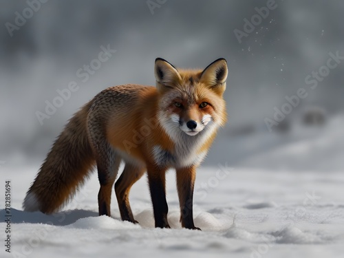Red Fox with Winter Breath A cunning red fox stands amidst a snowy landscape, its breath visible in the cold air. But instead of the usual white vapor, the fox's breath is a swirling red aura, 