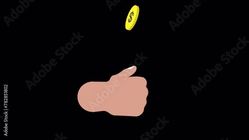 Hand flips coin, finance and toss animated video clip, 4K quality with transparent background. photo
