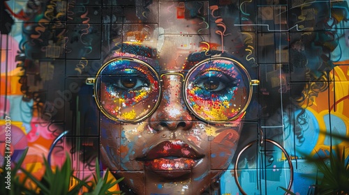 Colorful street art mural of a woman with vibrant glasses reflecting a multicultural urban environment.