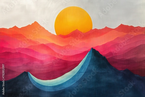 abstract oil painting that vividly depicts a sunrise over Mountains #782852097