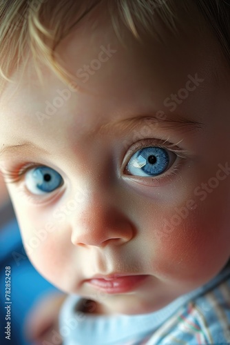  Close up image of cute infant or newborn baby face with captivating blue eyes. Fictional Character Created by Generative AI.