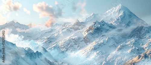 Snow-capped mountain detail, close up, crisp texture, soft morning light