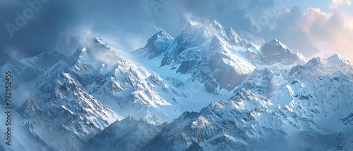 Snow-capped mountain detail, close up, crisp texture, soft morning light photo