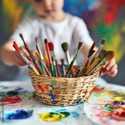  A young child creating artwork on a paint filled table. Fictional Character Created by Generative AI.