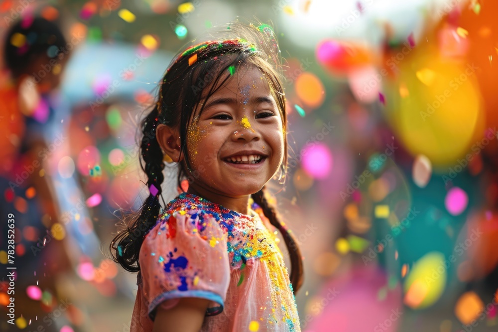 The Colorful Little Girl with Painted Face and Hair During Holi Celebration. Fictional Character Created by Generative AI. The Colorful Little Girl with Painted Face and Hair During Holi Celebration. Fictional Character Created by Generative AI.