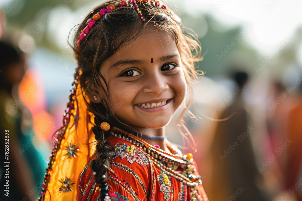  Smiling cute girl in traditional dress celebrates joyful Indian festival. Fictional Character Created by Generative AI.