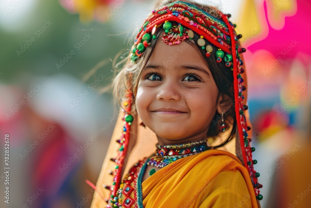 Smiling cute girl in traditional dress celebrates joyful Indian festival. Fictional Character Created by Generative AI. Smiling cute girl in traditional dress celebrates joyful Indian festival. Fictional Character Created by Generative AI.