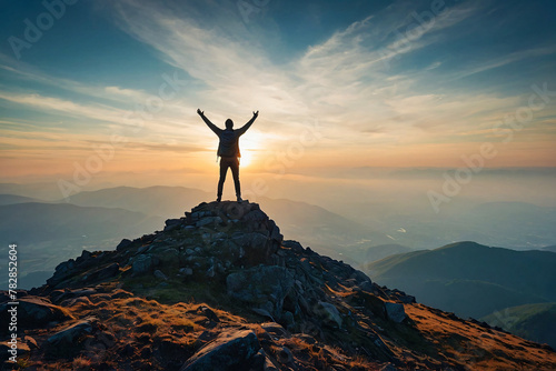 silhouette of a lone person standing on top of a mountain with arms stretched towards the sky to celebrate their success