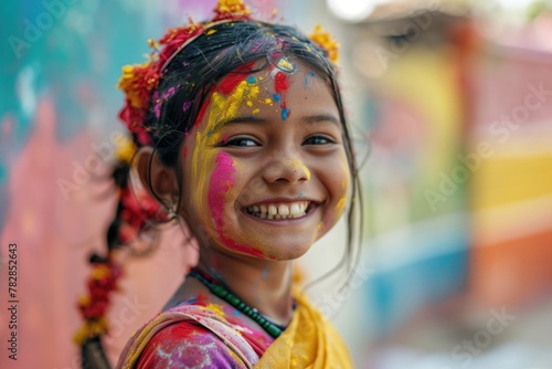  The Colorful Little Girl with Painted Face and Hair During Holi Celebration. Fictional Character Created by Generative AI.