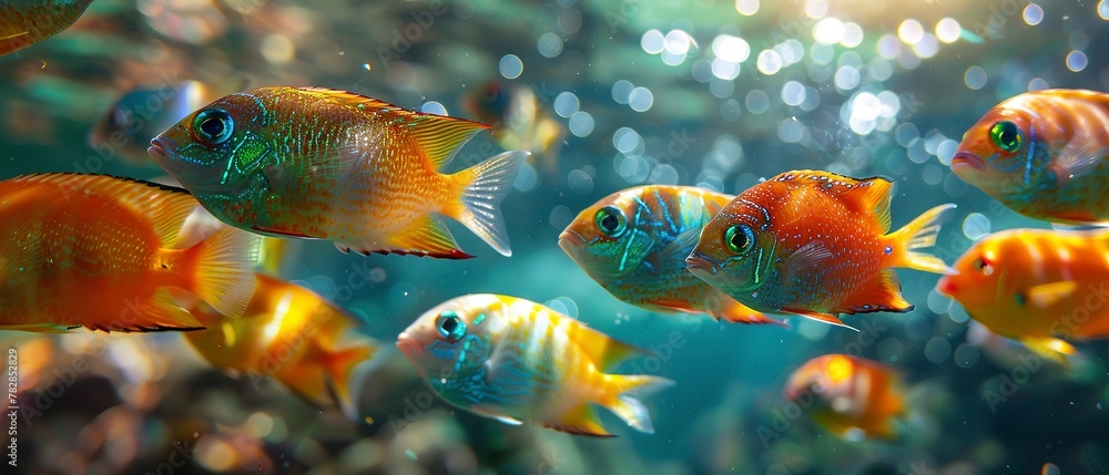 School of tropical fish, close up, rainbow colors, clear water, soft light School of tropical fish, close up, rainbow colors, clear water, soft light